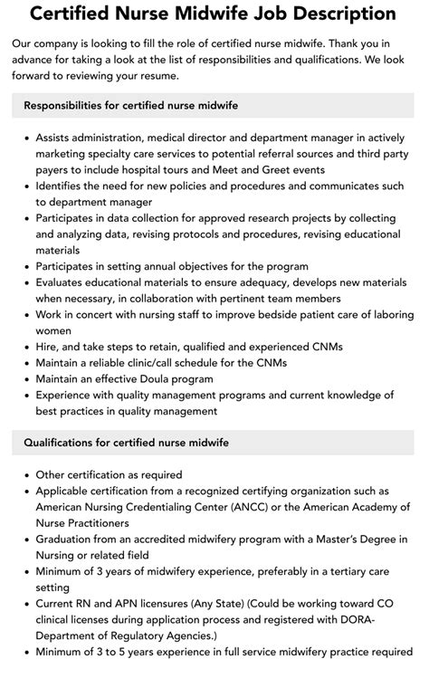 Certified Nurse Midwife Job Description Velvet Jobs