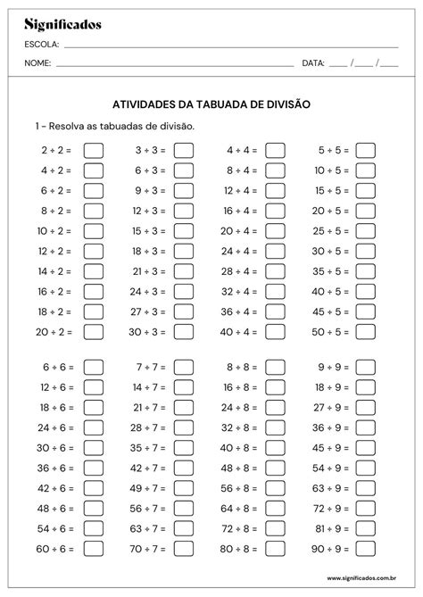 Folhas De Atividades Divisão - Folhas de atividades da tabuada de divisão (para imprimir) - Significados