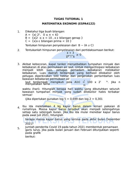 Tugas Tutorial 1 ESPA4122 TUGAS TUTORIAL 1 MATEMATIKA EKONOMI