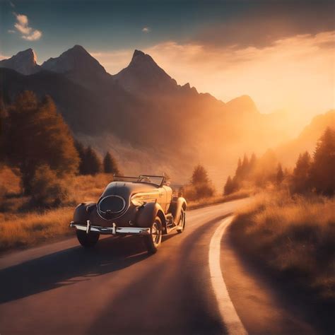 Vintage Car Driving On Empty Scenic Road Wallpaper Premium Ai