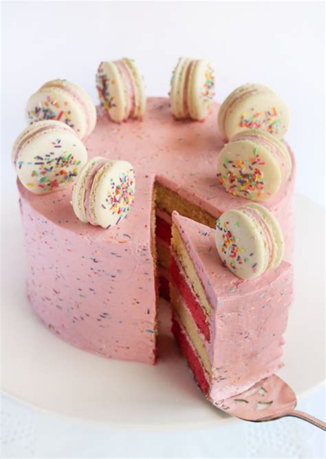 Raspberri Cupcakes Pink And White Layered Sprinkle Cake With Macarons