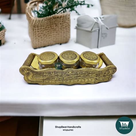 Shopbeat Golden Oxidised Peacock Wooden Serving Tray With Glass Jar