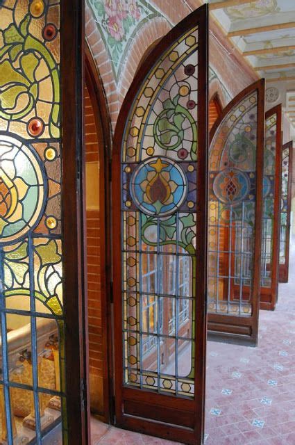 Exquisite Vintage Stained Glass Double Doors Decorated Brick Archways