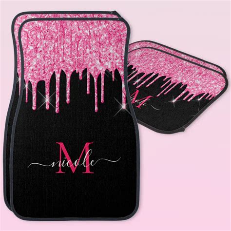 Monogram Metallic Hot Pink Dripping Glitter Black Car Floor Mat Zazzle