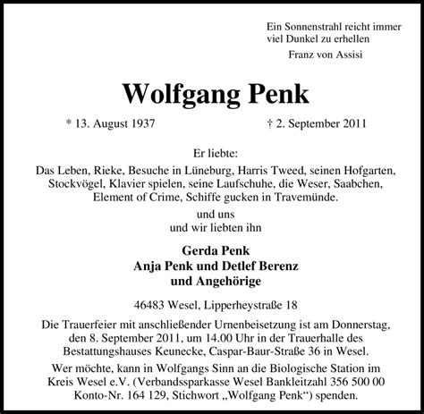 Traueranzeigen Von Wolfgang Penk Trauer In NRW De