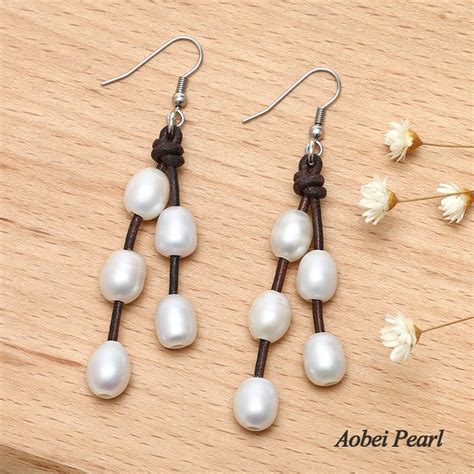 Aobei Pearl Handmade Bridal Earring With Freshwater Pearl And Leather