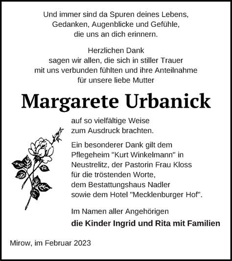 Traueranzeigen Von Margarete Urbanick Trauer Nordkurier