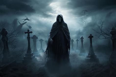 Premium Photo Grim Reaper Standing In A Misty Graveyard Halloween