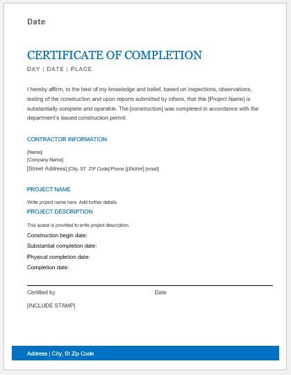 Certificate Of Completion Construction Templates