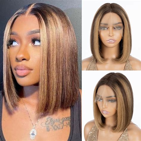 Amazon DÉBUT Short Bob Ombre Highlight Blonde Brown Lace Front