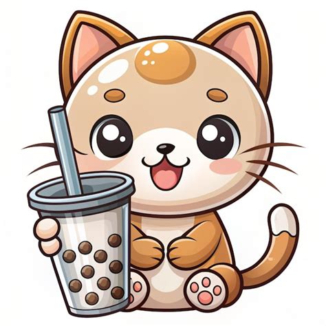 Cute Cat Drink Boba Milk Tea Cartoon Vector Icon Illustration Flat