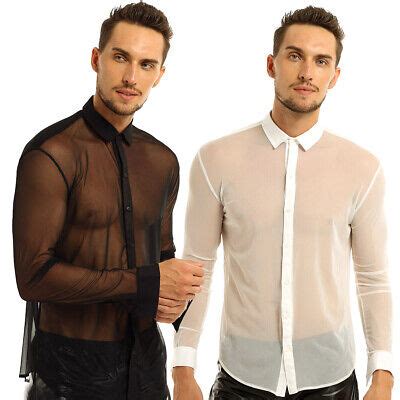 Men S Sexy See Through Mesh Top Shirt Clubwear Long Sleeve Casual Shirt