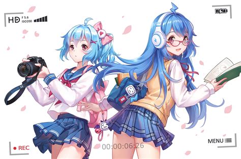 2girls Aqua Hair Bili Bili Douga Bili Girl 22 Bili Girl 33 Blue Hair Bow Camera Carminar Glasses