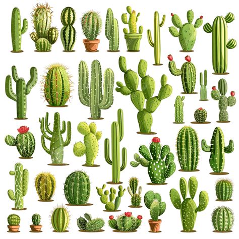 Cactuses In Different Shapes And Sizes Set, Garden, Plant, Flower PNG