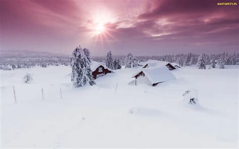 Tapety zdjęcia Zima Okręg Oppland Norwegia Domy Promienie słońca