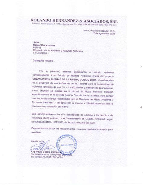 Carta De Solicitud Ministerio De Medio Ambiente Y Recursos Naturales