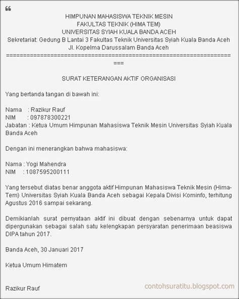 Contoh Surat Pernyataan Keaktifan Organisasi Surat Permohonan