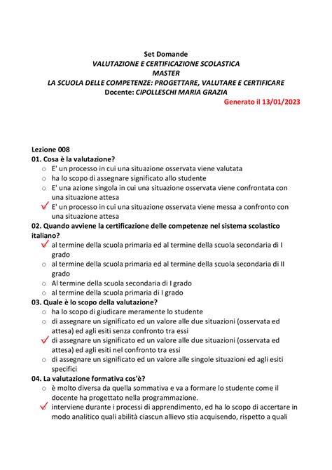 Paniere Valutazione E Certificazione Scolastica Master II Anno