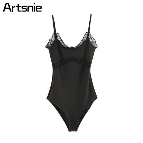 Artsnie Black Sexy V Neck Backless Strap Bodysuits Women Summer Elegant