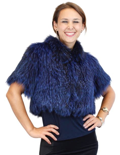 Royal Blue Canadian Silver Fox Fur Short Sleeved Bolero Jacket The