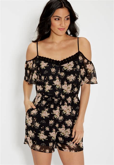 Chiffon Romper In Floral Print With Cold Shoulders And Crochet Maurices