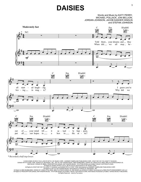 Katy Perry "Daisies" Sheet Music & Chords for Piano, Vocal & Guitar ...