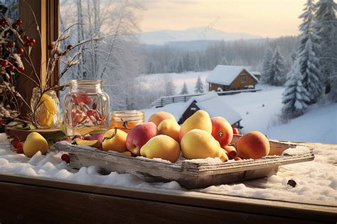 Nourishing Winter Palette Sliced Fruits In Snowscape Background Winter