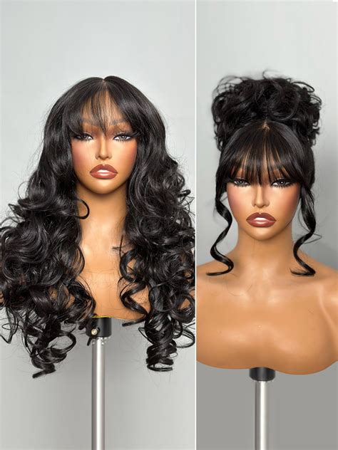 Gorgius Black Wigs With Bang Body Wave Wig Long Natural Black Glueless