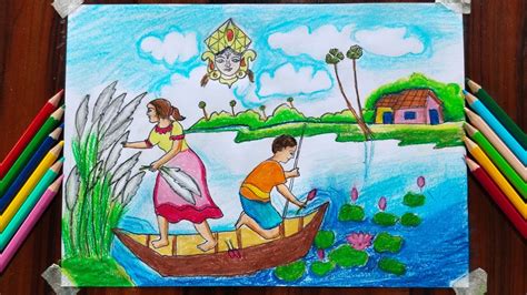 Mahalaya Special Scenery Drawing With Oil Pastel Maa Durga Drawing