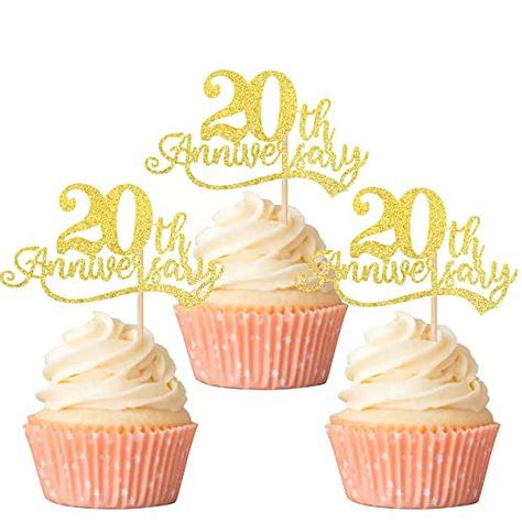 Rsstarxi 24 Pack 20th Anniversary Cupcake Toppers Glitter Cheers To 20 Years Wedding Twenty