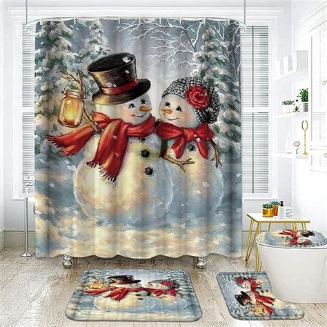 Pcs Christmas Shower Curtain Sets Xmas Bathroom Set Toilet Seat