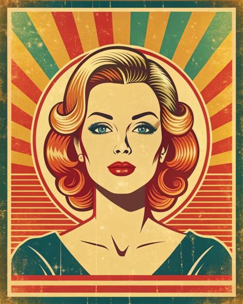 Stylish Retro Pop Art Retro Poster Sunburst Female Car Premium Ai