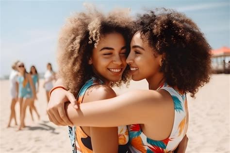 Premium Ai Image Two Women Hugging On The Beach