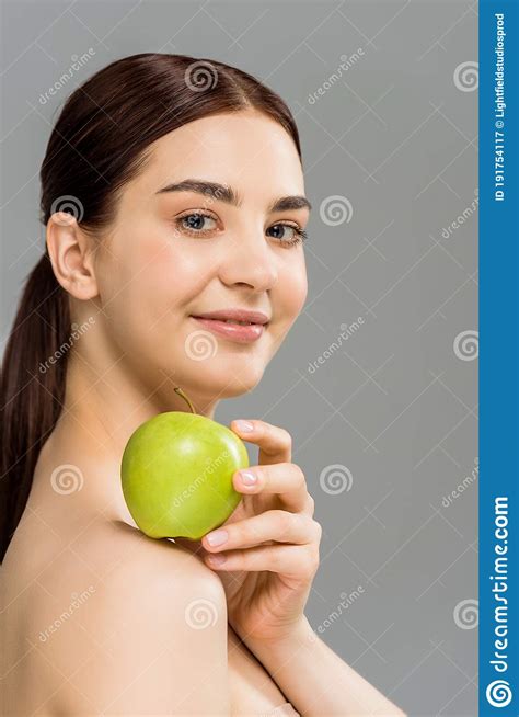 Nude Woman Holding Green Apple On Shoulder Isolated On Grey Stock Image Image Of Sweet Tasty