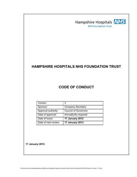 Code Of Conduct Hampshire Hospitals Nhs Foundation Trust