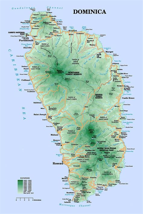 Detailed road and physical map of Dominica island. Dominica island detailed road and physical ...