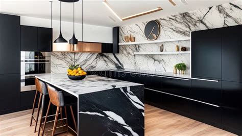 Luxury Modern Black and White Kitchen Interior with Marble and Wooden ...