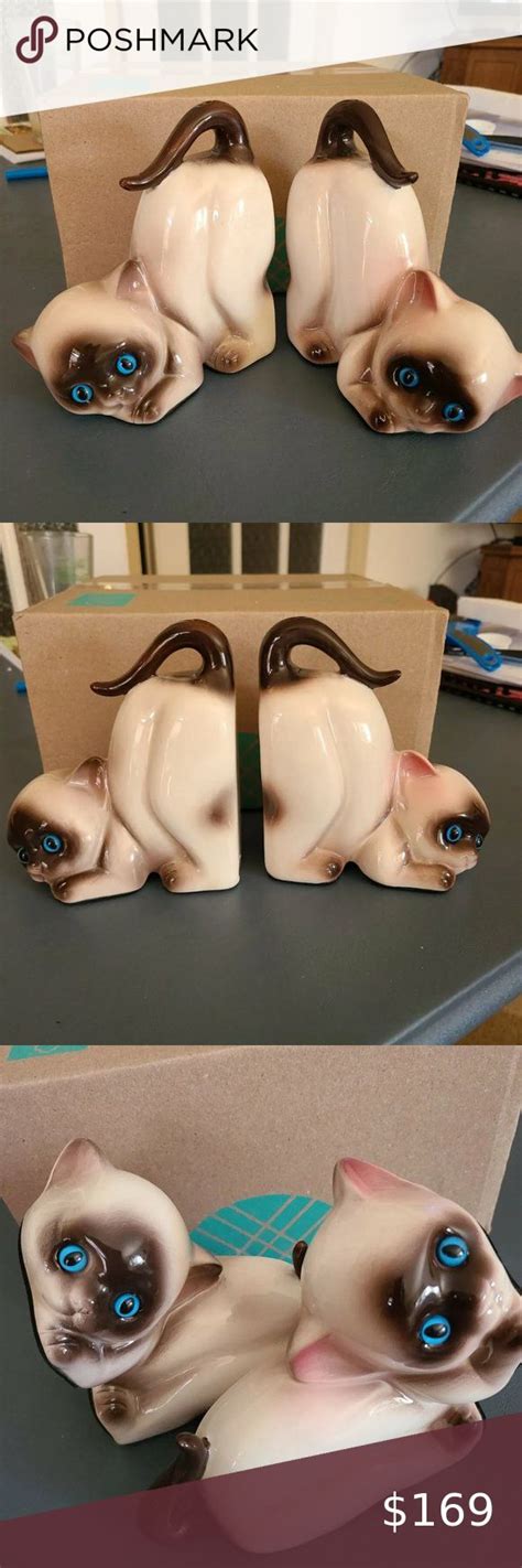 Vintage Rare Lefton Wide Eye Porcelain Siamese Cat Figurine Bookends