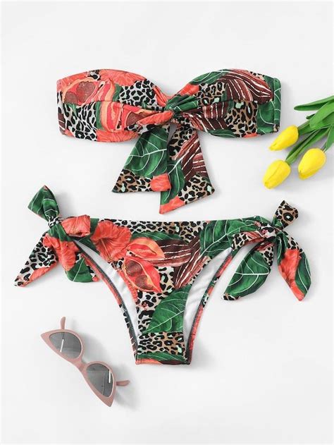 Random Leopard Tropical Twist Bandeau Bikini Set Shein Bandeau