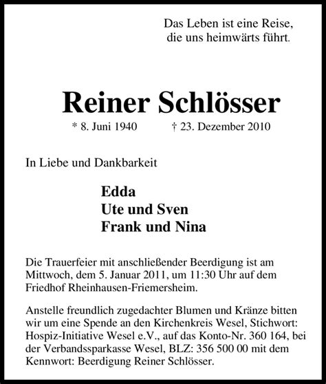 Traueranzeigen von Reiner Schlösser Trauer in NRW de