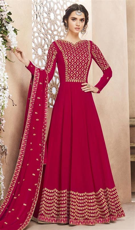 Georgette Red Color Embroidered Anarkali Suit In Anarkali Dress