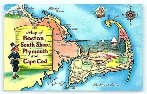 Cape Cod Ma Massachusetts ~ Colorful Pictorial Map Of Towns C1950s Postcard United States