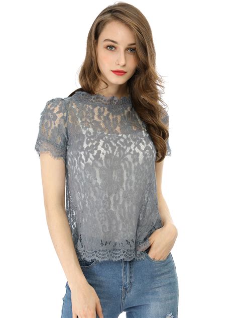 Allegra K Allegra K Women S Scalloped Trim Semi Sheer Floral Lace Top