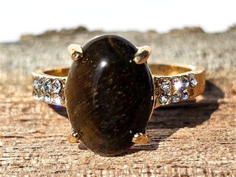 Brown Cat S Eye Gemstone Gold Plated Cubic Zirconia Ring Size Ebay