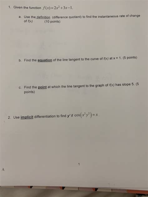 Solved 1 Given The Function F X 2x2 3x 1 A Use The