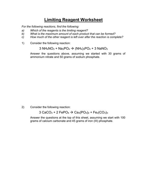 Limiting Reactant Worksheet Answers Englishworksheetmyid