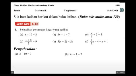 Persamaan Linear Matematik Tingkatan 1 Latih Diri 6 1c Youtube