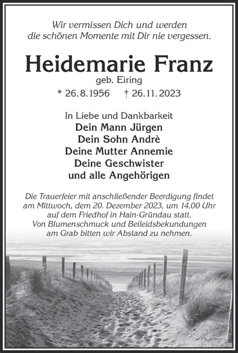 Traueranzeigen Von Heidemarie Franz Trauer Gnz De