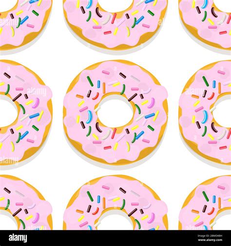 Vector Seamless Pattern Illustration Of Donuts In Pink Glaze On A White