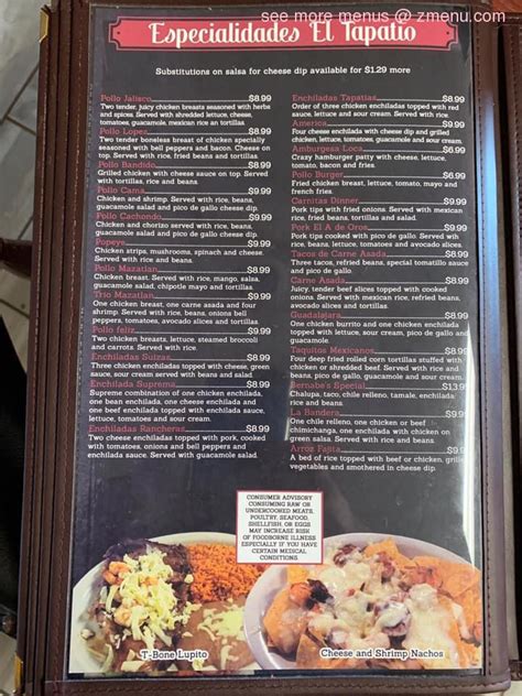 Menu at El Tapatio restaurant, Winner, SD-44